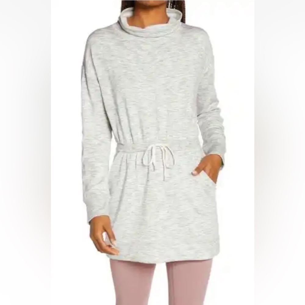 Zella Peaceful Funnel Neck Tie Waist Sweatshirt in Grey Light Heather Size S